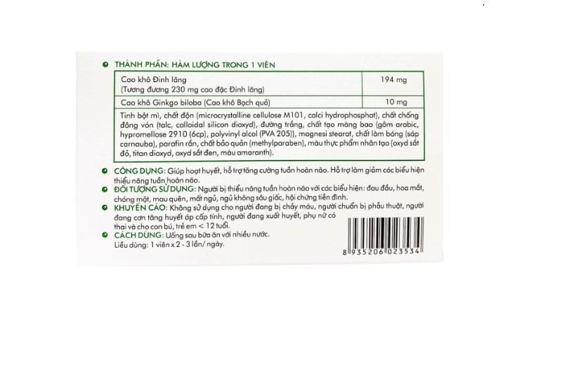 Một số thông tin chính về đối tượng sử dụng, liều dùng và công dụng của hoạt huyết dưỡng não DHG