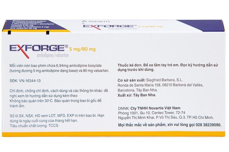 Thông tin về thuốc huyết áp Exforge 5/80mg được in trên vỏ hộp sản phẩm