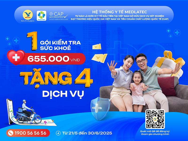 Từ 21/5 - 30/6/2025, khách hàng mua 1 gói kiểm tra sức khỏe 655.000 VNĐ được tặng ngay 4 dịch vụ  