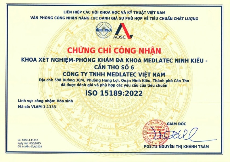 Trung tâm Xét nghiệm - Phòng khám Đa khoa MEDLATEC Cần Thơ đạt chứng nhận tiêu chuẩn quản lý chất lượng ISO 15189:2022