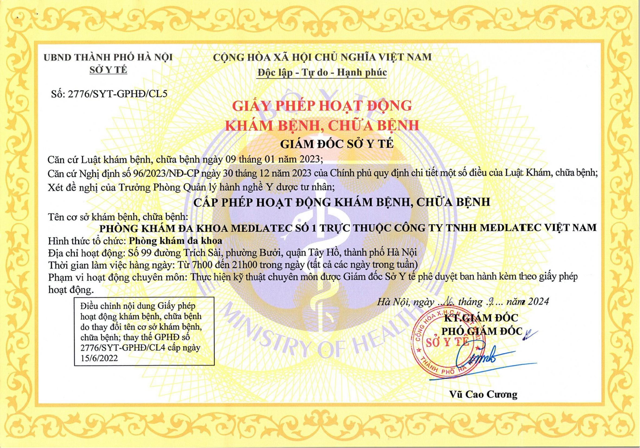 Giấy phép hoạt động phòng khám Tây Hồ