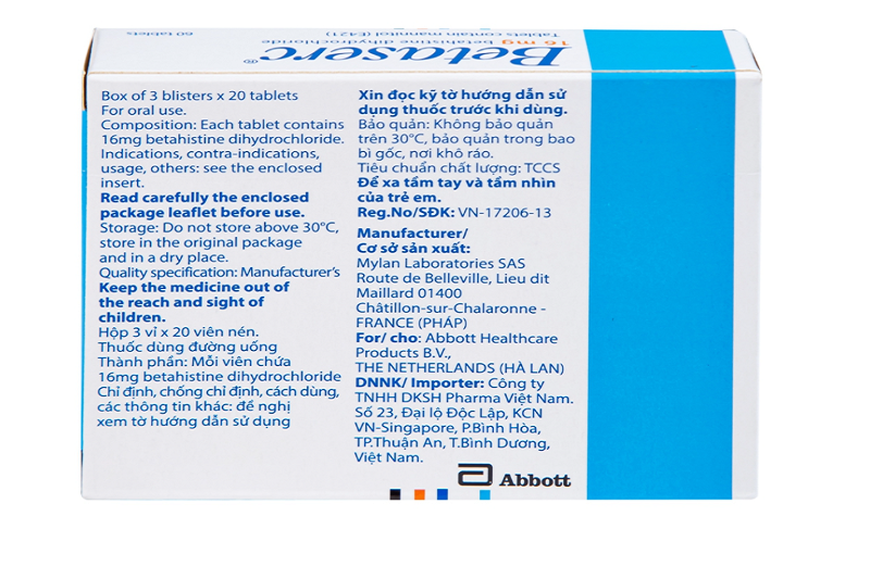 Một số thông tin được in trên vỏ hộp thuốc Betaserc 16mg