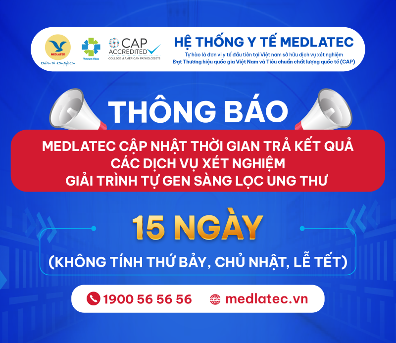 Thời gian trả kết quả cho các dịch vụ xét nghiệm giải trình tự gen sàng lọc ung thư tại MEDLATEC là 15 ngày (không bao gồm thứ Bảy, Chủ nhật và các ngày Lễ, Tết) 