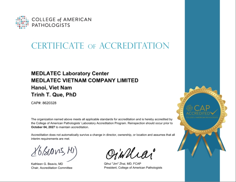 Trung tâm Xét nghiệm MEDLATEC hoàn thành đánh giá duy trì tiêu chuẩn CAP