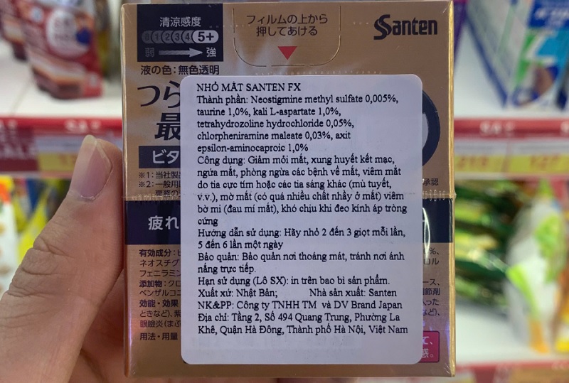 Một số thông tin được in trên tem phụ của thuốc nhỏ mắt Santen FX V+