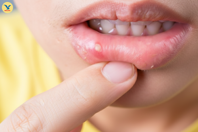 Hình ảnh trẻ bị nhiệt miệng với các vết loét nhỏ, màu trắng nhạt, viền đỏ xung quanh gây đau rát khi ăn uống.