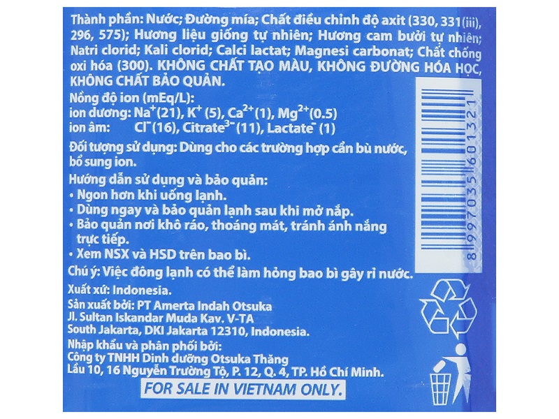 Một số thông tin trên bao bì nước điện giải Pocari Sweat
