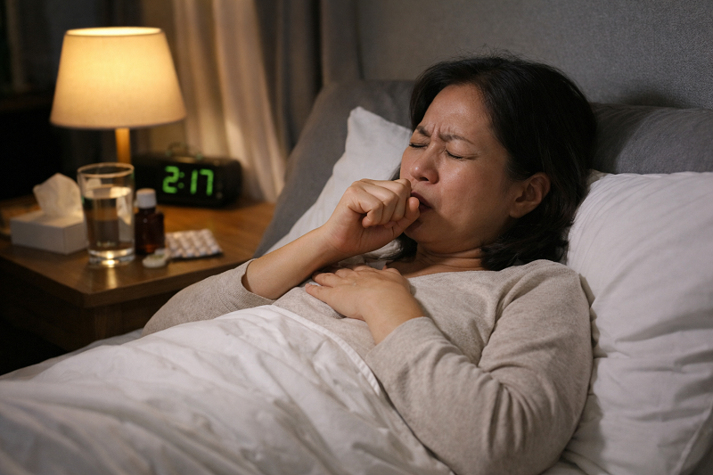 Ho ban đêm thường tăng lên khi nằm ngủ do dịch mũi chảy xuống họng và đường thở bị kích thích.