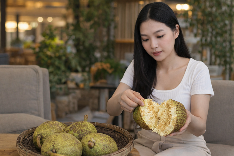 Trái sake chín mềm có màu vàng nhạt, mùi thơm nhẹ đặc trưng