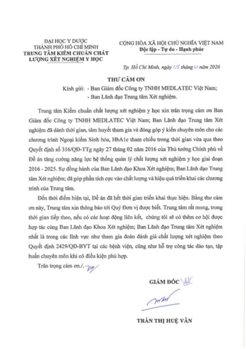 Trung tâm Kiểm chuẩn Chất lượng Xét nghiệm Y học - Đại học Y Dược TP. Hồ Chí Minh gửi thư cảm ơn tới Trung tâm Xét nghiệm MEDLATEC 