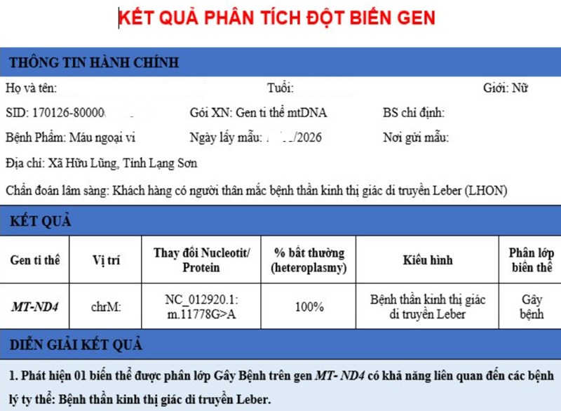 Kết quả xét nghiệm gen ti thể của hai mẹ con đều mang cùng một biến thể gây bệnh trên gen MT-ND4 