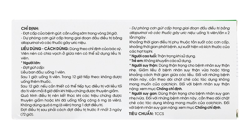 Thông tin chỉ định và hướng dẫn sử dụng trên bao bì thuốc Colchicin