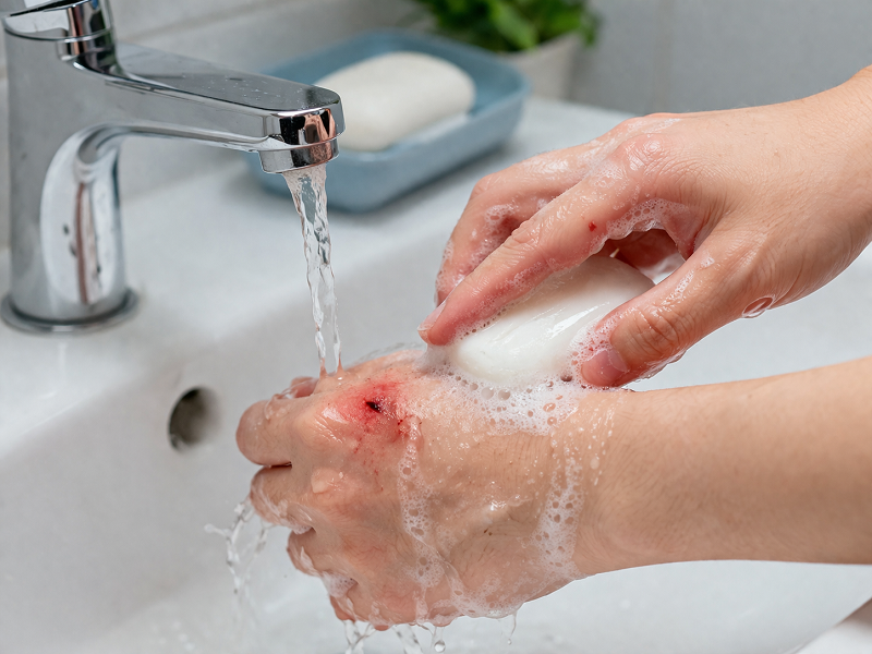Rửa vết thương bằng nước sạch và xà phòng là bước sơ cứu quan trọng