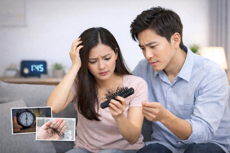 Nhiều người chung thắc mắc thức khuya có rụng tóc không
