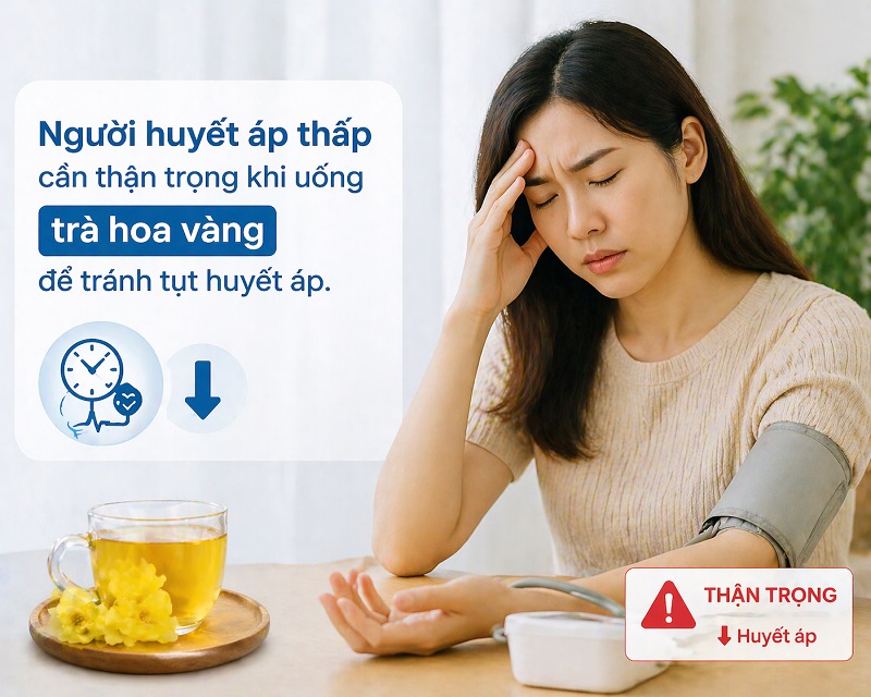 Người huyết áp thấp cần thận trọng khi uống trà hoa vàng để tránh tụt huyết áp. 