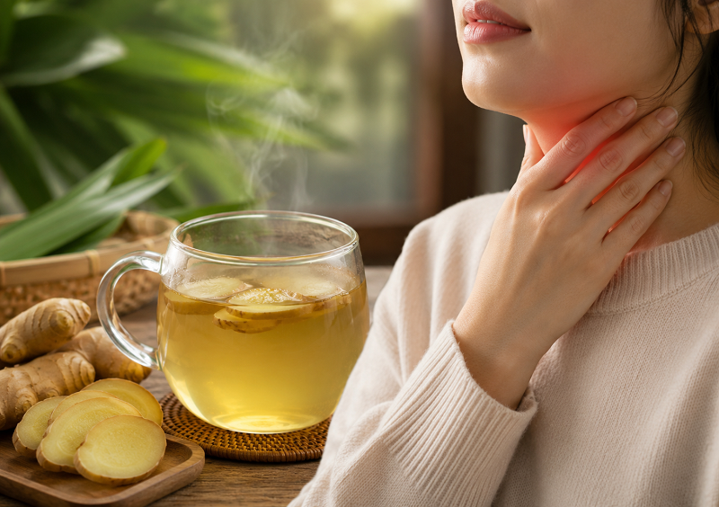 Nước lá tre gừng giúp làm ấm cổ họng và giảm cảm giác kích ứng, ngứa rát nhẹ. 