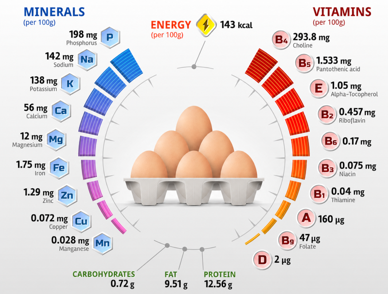 100g trứng gà có 143 calo và các vitamin, khoáng chất như trên