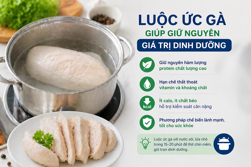 Luộc ức gà giúp giữ nguyên giá trị dinh dưỡng 