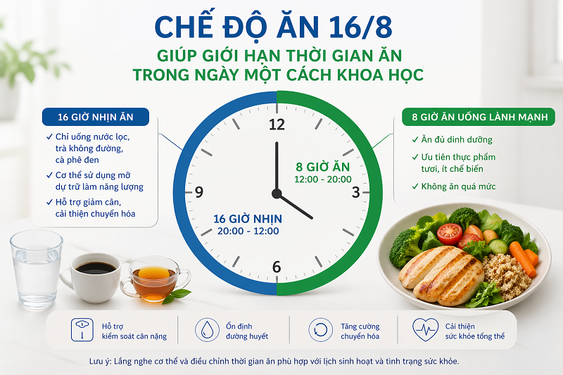 Chế độ ăn 16/8 giúp giới hạn thời gian ăn trong ngày một cách khoa học 