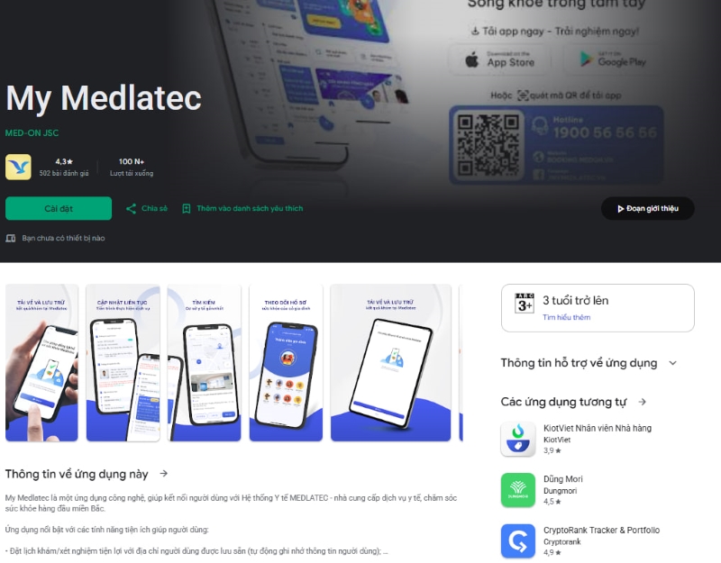 Giao diện của ứng dụng thông minh My Medlatec