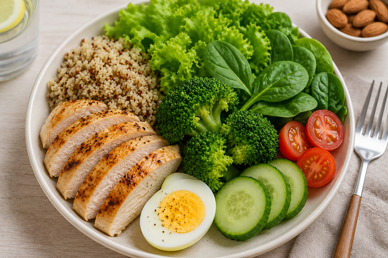 Chế độ ăn giàu protein và rau xanh hỗ trợ quá trình giảm mỡ, tăng cơ tự nhiên. 