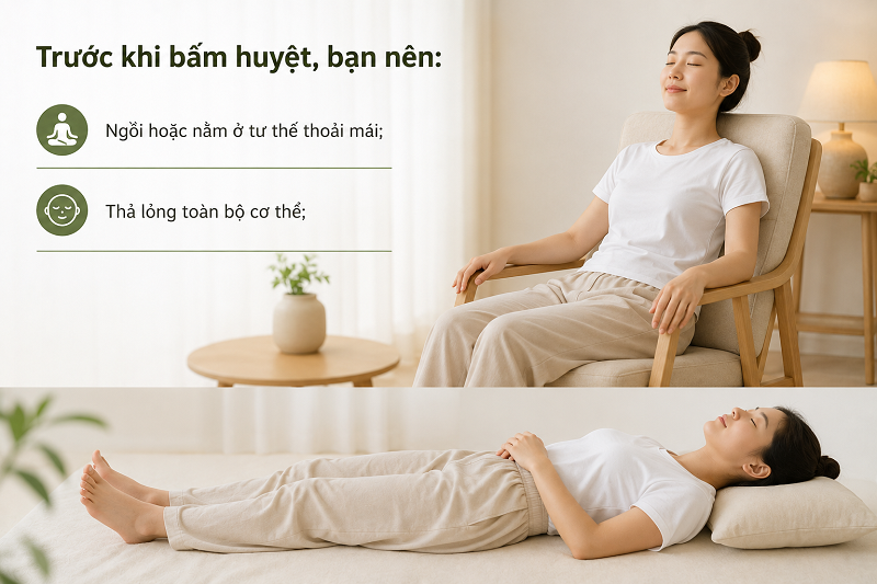Bạn nên dành vài phút để cơ thể được thư giãn và ổn định trước khi bấm huyệt