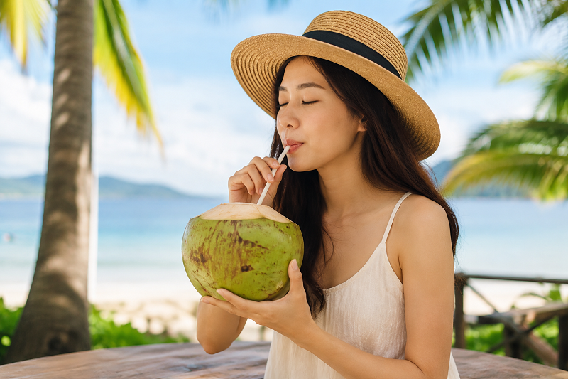 Nước dừa chứa nhiều chất điện giải tự nhiên hỗ trợ bù nước cho cơ thể.