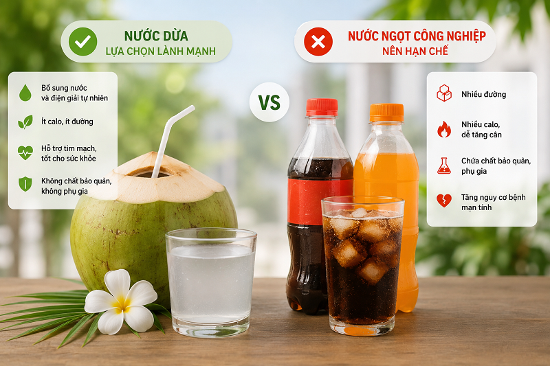 Nước dừa là lựa chọn lành mạnh hơn nhiều loại nước ngọt công nghiệp. 