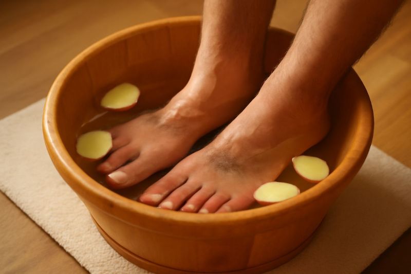 Ngâm chân nước muối gừng ấm giúp khắc phục chứng bàn chân lạnh
