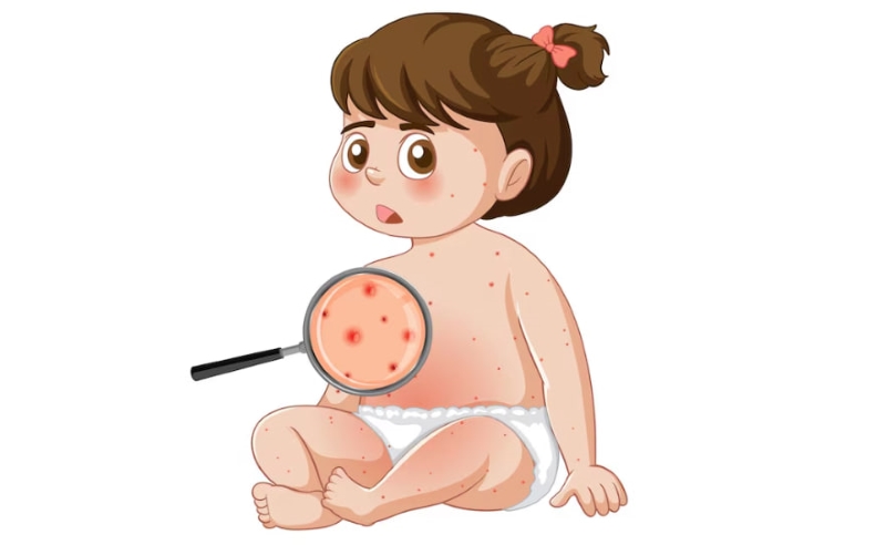 Mụn nước do phỏng dạ thường mọc thành nhiều đợt trên cơ thể trẻ