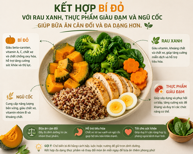 Kết hợp bí đỏ với rau xanh, thực phẩm giàu đạm và ngũ cốc giúp bữa ăn cân đối và đa dạng hơn.