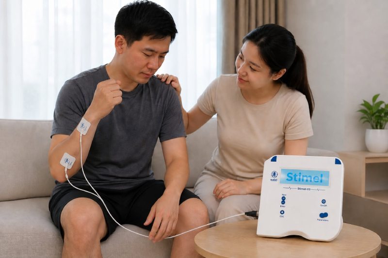 Điện cực được dán đúng vị trí trên nhóm cơ cần phục hồi và thiết bị được khởi động để ghi nhận tín hiệu điện cơ bề mặt (sEMG).