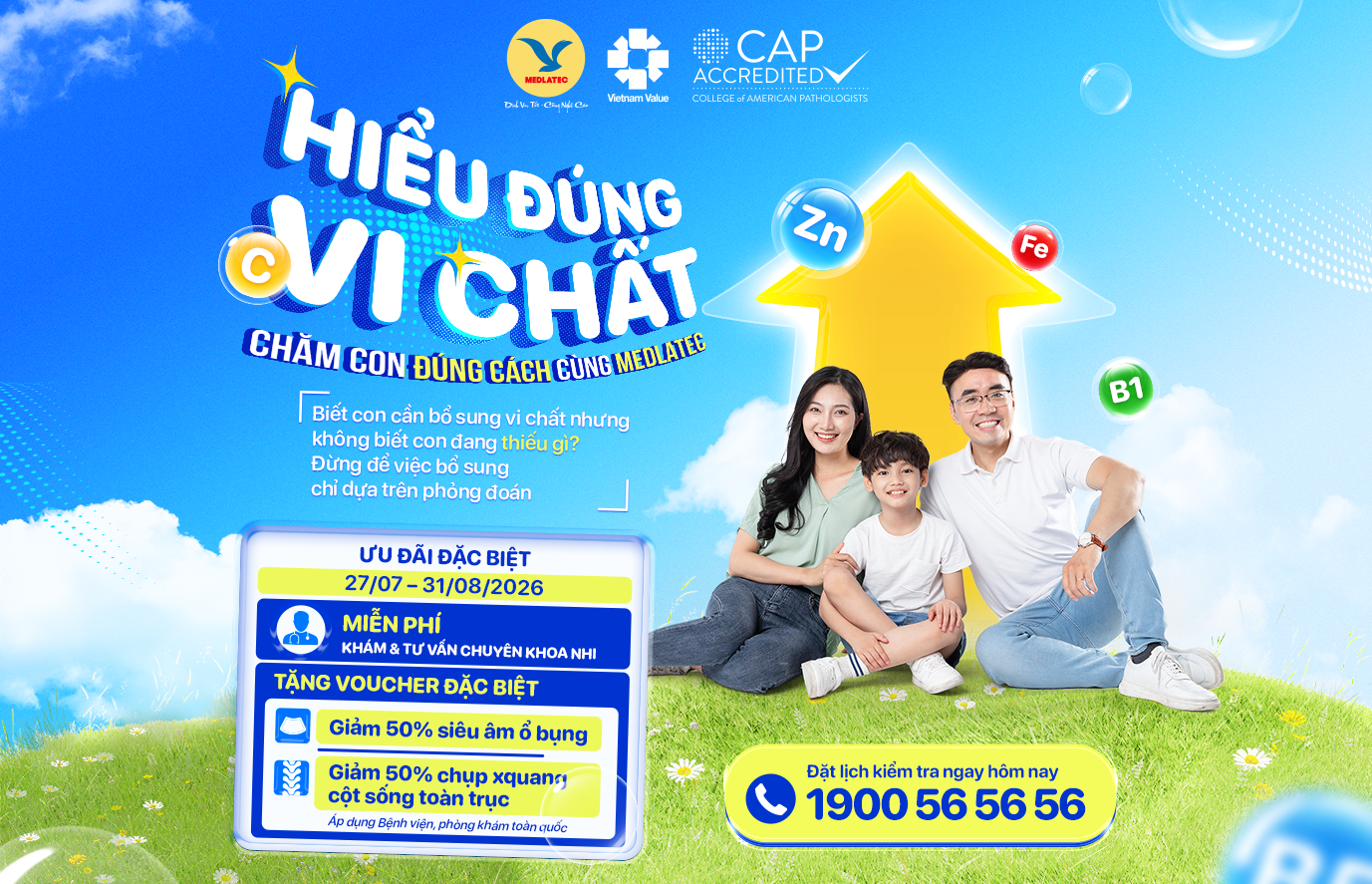 Chọn gói vi chất MEDLATEC cho con đến 31/08, nhận ngay voucher giảm 50% siêu âm ổ bụng và chụp X-quang cột sống toàn trục