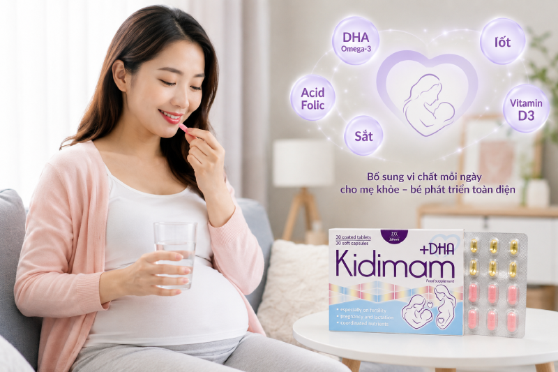 Kidimam DHA được hấp thu tốt hơn khi dùng cùng bữa ăn nhiều dinh dưỡng.