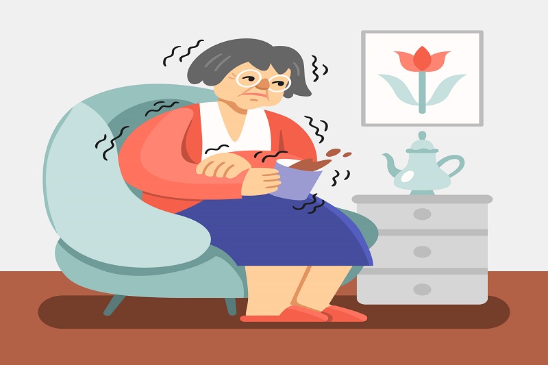 Hình ảnh mô phỏng cơn run vô căn khi người bệnh thực hiện động tác cầm cốc